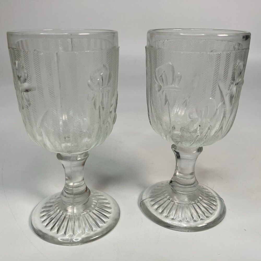 Set 2 Vtg Jeannette Glass Iris & Herringbone Clear Cordial Glasses 4.25" Tall